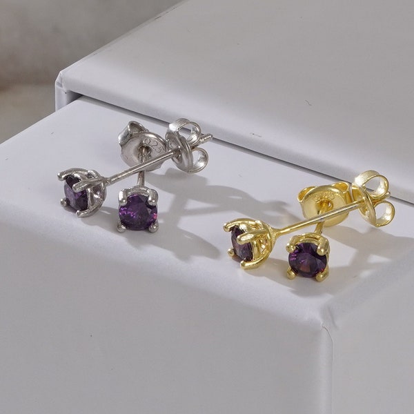 Amethyst Purple Stud Earrings, February Birthstone CZ Earrings, Silver Amethyst Stud Earring, Tiny Gemstone Stud Earrings