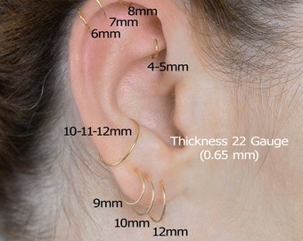 Gold Huggie Hoop Earrings-Helix Hoop-Silver Cartilage Hoops-20 Gauge,22 Gauge,23 Gauge-4mm, 5mm, 6mm, 7mm, 8mm, 9mm, 10mm, 11mm, 12mm