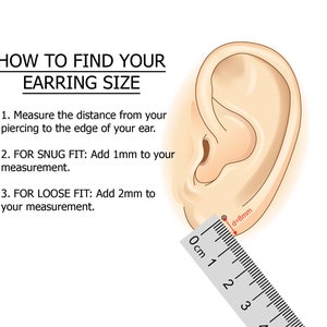 May include: A white background with black text that reads 'HOW TO FIND YOUR EARRING SIZE' and instructions on how to measure your ear for earring size. An illustration of an ear with a ruler measuring the distance from the piercing to the edge of the ear. The ruler reads '0cm 1 2 3' and the text 'd=8mm' is written in red next to the ruler.
