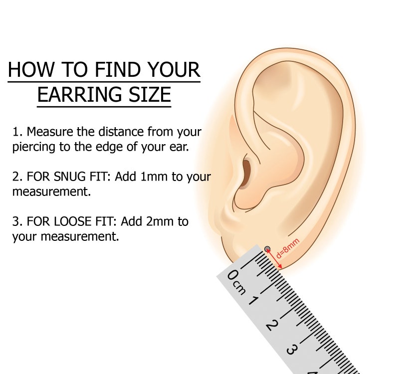 May include: A white background with black text that reads 'HOW TO FIND YOUR EARRING SIZE' and instructions on how to measure your ear for earring size. An illustration of an ear with a ruler measuring the distance from the piercing to the edge of the ear. The ruler reads '0cm 1 2 3' and the text 'd=8mm' is written in red next to the ruler.