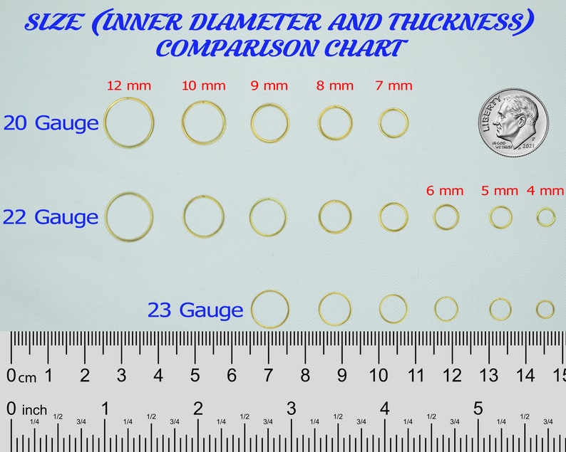 May include: A size comparison chart for jump rings. The chart shows the inner diameter and thickness of jump rings in millimeters. The chart includes jump rings in 20 gauge, 22 gauge, and 23 gauge. The jump rings are arranged in rows by gauge and then by size. The chart also includes a ruler for reference.