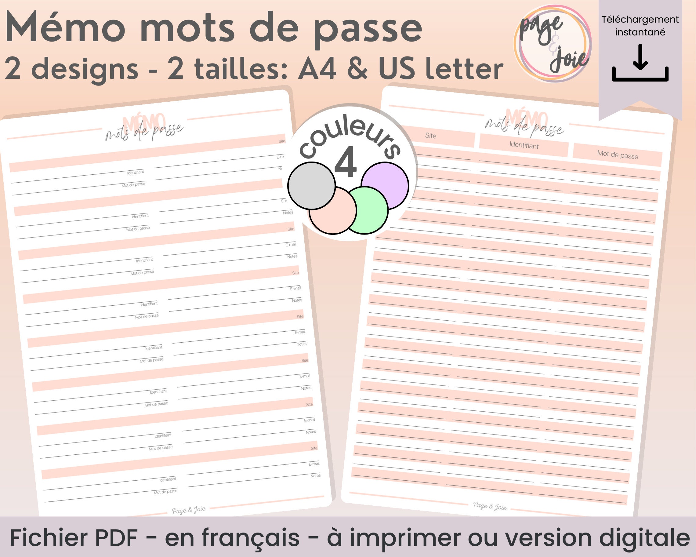 Mémo mots de passe en français à imprimer et version numérique A4 / US  Letter -  Canada