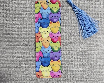 Colorful Cat Bookmark, Double-Sided Page Marker | Silky Tassel, Thin, Water Resistant