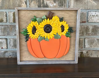 Fall Pumpkin and Sunflowers wall art - Handmade framed art