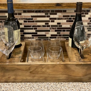 Vintage Look Rustic Wood Wine Serving Tray, Wine bottle glass holder