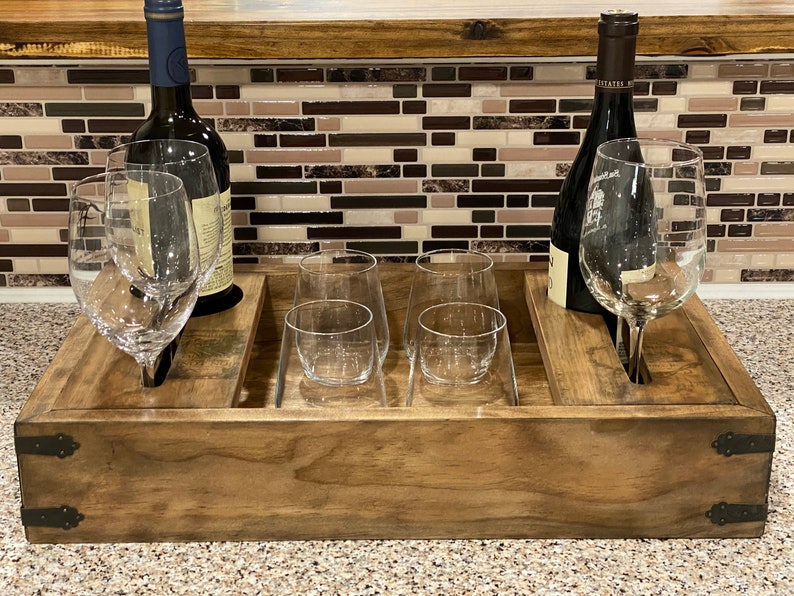 Vintage Look Rustic Wood Wine Serving Tray, Wine bottle glass holder