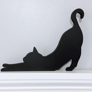 Handmade Stretching Cat Door Topper: Black Cat Shelf Sitter