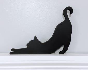 Handmade Stretching Cat Door Topper: Black Cat Shelf Sitter