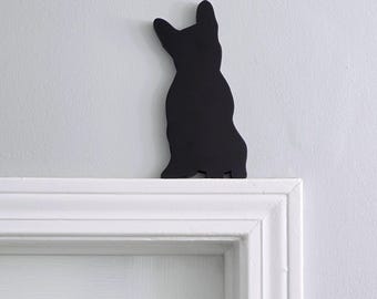 Dog Door Topper, French Bulldog Shelf Sitter | Hand-Scrolled Wood |  Painted Both Sides