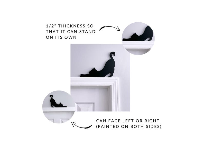 a black cat silhouette on a white door frame, with arrows pointing to the cat's face and indicating that it can stand on its own.