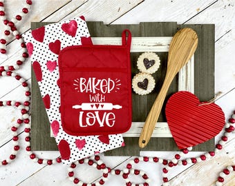 Baked with Love Pocket Potholder, red kitchen decor