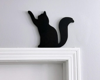 Handmade Black Cat Silhouette: Wooden Door Topper Shelf Decor
