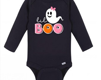 Lil Boo Baby Onesie: Halloween Ghost Print (Long Sleeve Cotton)