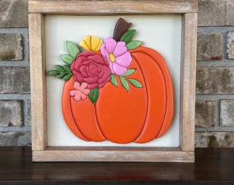 Fall Pumpkin and Flowers wall art - Handmade framed art