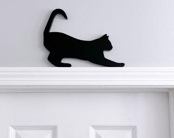 Stretching Black Cat Door Topper: Handmade Wood Silhouette