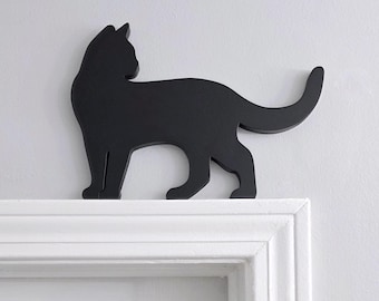 Handmade Black Cat Door Topper: Wood Shelf Sitter