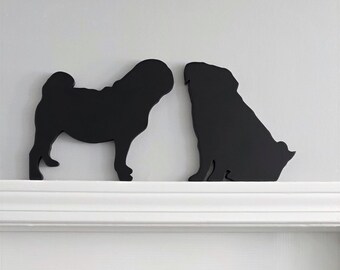 Pug Shelf Sitters, Minimalist Dog Decor | Wood Silhouette | Black Finish, 1/2 Inch Thick | Double-Sided