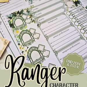 Può includere: Fogli personaggio Ranger per DND 2014 e 2024, con elementi floreali decorativi e spazi per i dettagli del personaggio. Il titolo "Ranger CHARACTER SHEET" è visualizzato in un carattere stilizzato.