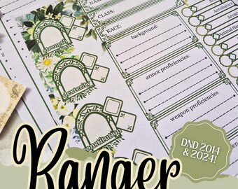 Pode incluir: Folhas de personagem Ranger para DND 2014 e 2024, com elementos florais decorativos e espaços para detalhes do personagem. O título "Ranger CHARACTER SHEET" é exibido em uma fonte estilizada.
