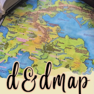 May include: A detailed map of Eastern Flanaess, featuring geographical elements such as mountains, rivers, and forests. The map is colorful, with text labels identifying locations. The words "d & d map" and "Eastern Flanaess" are displayed prominently.