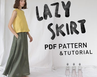 May include: A woman wearing a yellow top and olive green skirt. The image includes the text "LAZY SKIRT PDF PATTERN & TUTORIAL" and "XS-3XL". The image also includes the text "STEP BY STEP - FULLY ILLUSTRATED BEGINNER TUTORIAL" and "TROPICAL RESEARCH".