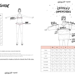 May include: Size guide for a minimalist t-shirt with body measurements and garment dimensions in inches and centimeters. The guide includes a drawing of a person wearing the t-shirt and a table with measurements for different sizes.