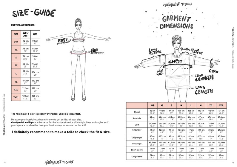 May include: Size guide for a minimalist t-shirt with body measurements and garment dimensions in inches and centimeters. The guide includes a drawing of a person wearing the t-shirt and a table with measurements for different sizes.