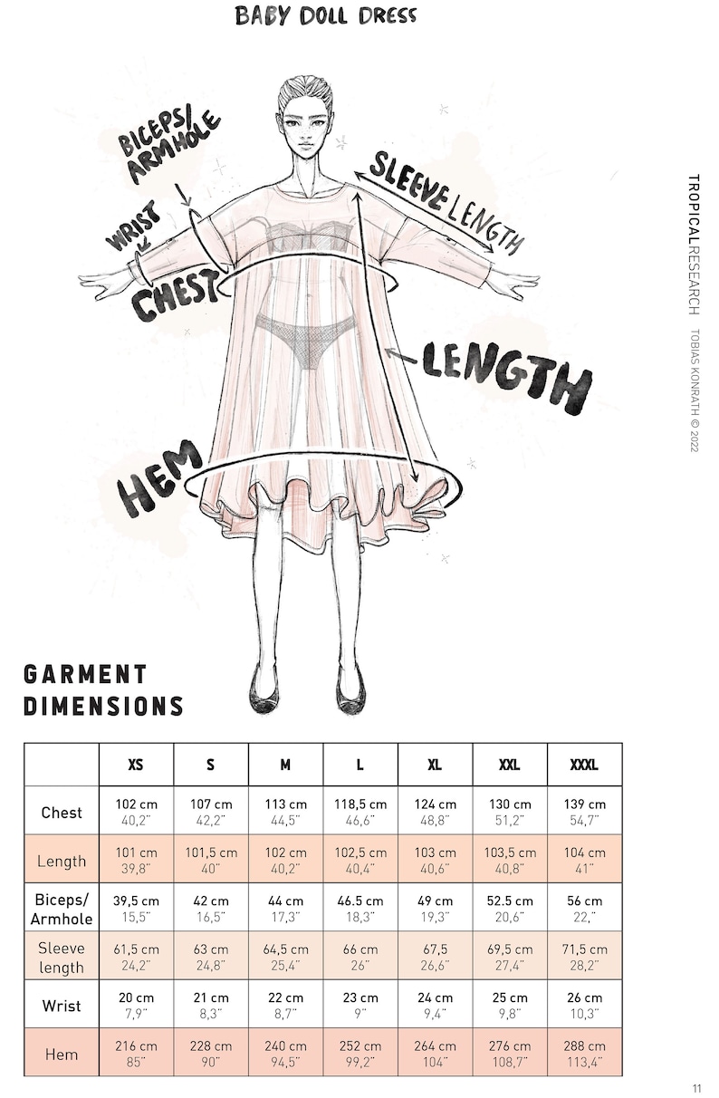 Puede incluir: Ilustraci&oacute;n de un vestido baby doll con medidas. El vestido es rosa claro y transparente, con una silueta fluida. Se proporcionan medidas para el pecho, la longitud, el b&iacute;ceps/sisa, la longitud de la manga, la mu&ntilde;eca y el dobladillo en cm y pulgadas.