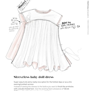 Puede incluir: Ilustraci&oacute;n de un vestido de beb&eacute; sin mangas con instrucciones de costura detalladas. El diagrama incluye medidas en cent&iacute;metros, con anotaciones para el acabado de las sisas y las costuras laterales. El texto dice "BABY DOLL DRESS".