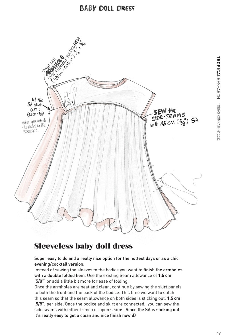 Puede incluir: Ilustraci&oacute;n de un vestido de beb&eacute; sin mangas con instrucciones de costura detalladas. El diagrama incluye medidas en cent&iacute;metros, con anotaciones para el acabado de las sisas y las costuras laterales. El texto dice "BABY DOLL DRESS".