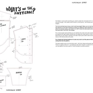 K&ouml;nnte beinhalten: Eine Schwarzwei&szlig;-Zeichnung eines minimalistischen Hemdenmusters mit Anweisungen zum Zuschneiden und N&auml;hen der Teile. Der Text "What's in the pattern?" steht in Schwarz oben auf der Seite.
