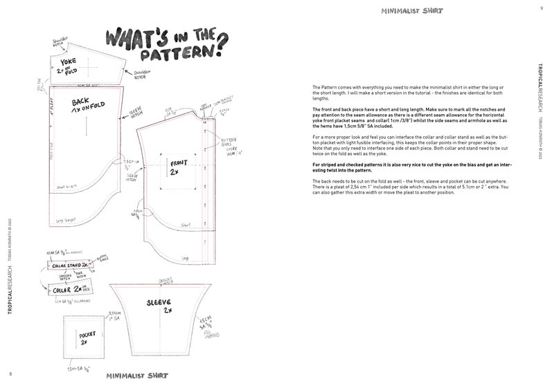 K&ouml;nnte beinhalten: Eine Schwarzwei&szlig;-Zeichnung eines minimalistischen Hemdenmusters mit Anweisungen zum Zuschneiden und N&auml;hen der Teile. Der Text "What's in the pattern?" steht in Schwarz oben auf der Seite.