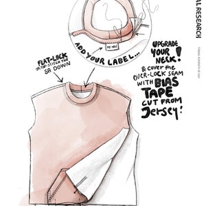 May include: An illustrated guide to sewing a pink sleeveless sweatshirt. The image includes text such as "Add your label," "Upgrade your neck," and "Flat-lock or top-stitch the SA down." The Sweat-Shirt.