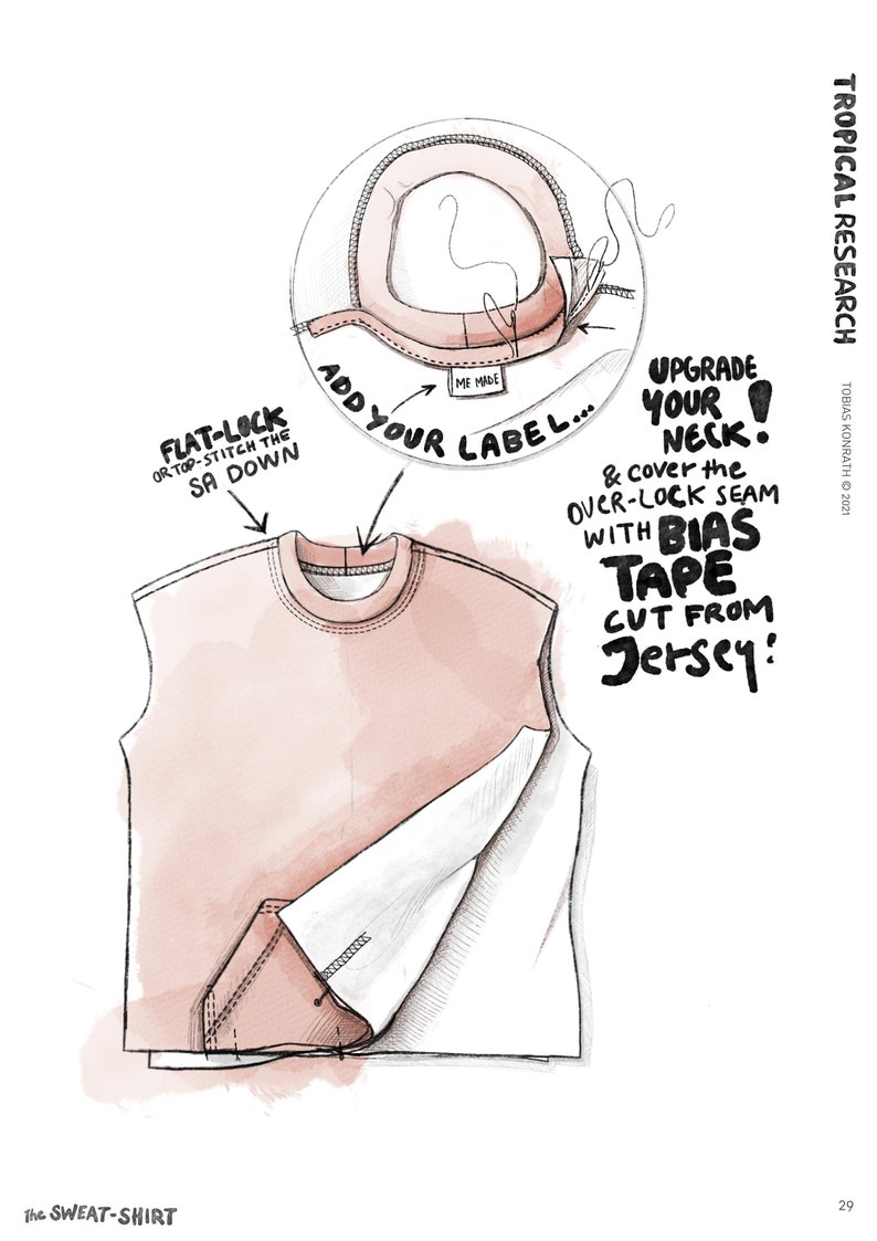 May include: An illustrated guide to sewing a pink sleeveless sweatshirt. The image includes text such as "Add your label," "Upgrade your neck," and "Flat-lock or top-stitch the SA down." The Sweat-Shirt.