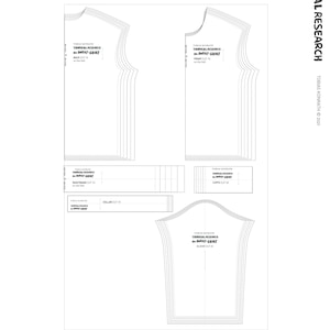 May include: A white paper pattern for a crew neck sweatshirt, with various pattern pieces. The text "TROPICAL RESEARCH" and "the SWEAT-SHIRT" are visible. Measurements are provided in meters and inches.