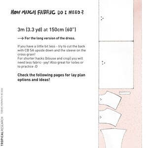 Puede incluir: P&aacute;gina de una gu&iacute;a de patrones de costura titulada "LAY-PLAN IDEAS". Incluye instrucciones sobre los requisitos de tela para un vestido de mu&ntilde;eca, especificando 3 metros a 150 cm. La p&aacute;gina tambi&eacute;n presenta ilustraciones de piezas de patr&oacute;n.