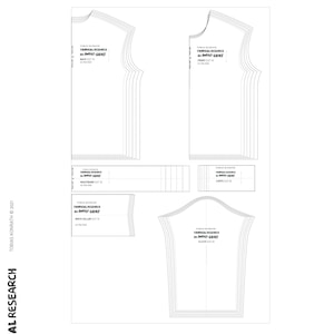 May include: A white paper pattern for a mock neck sweatshirt, featuring multiple pattern pieces with dotted lines and text. The text includes "TROPICAL RESEARCH" and "the SWEAT-SHIRT". The pattern is 2 meters wide and 1.6 meters long.