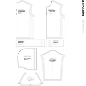 May include: A white paper pattern for a hooded sweatshirt, showing various cut pieces with dotted lines and text labels. The pattern includes measurements of 2m wide and 1.75m long on the fold. The text "TROPICAL RESEARCH" is visible.