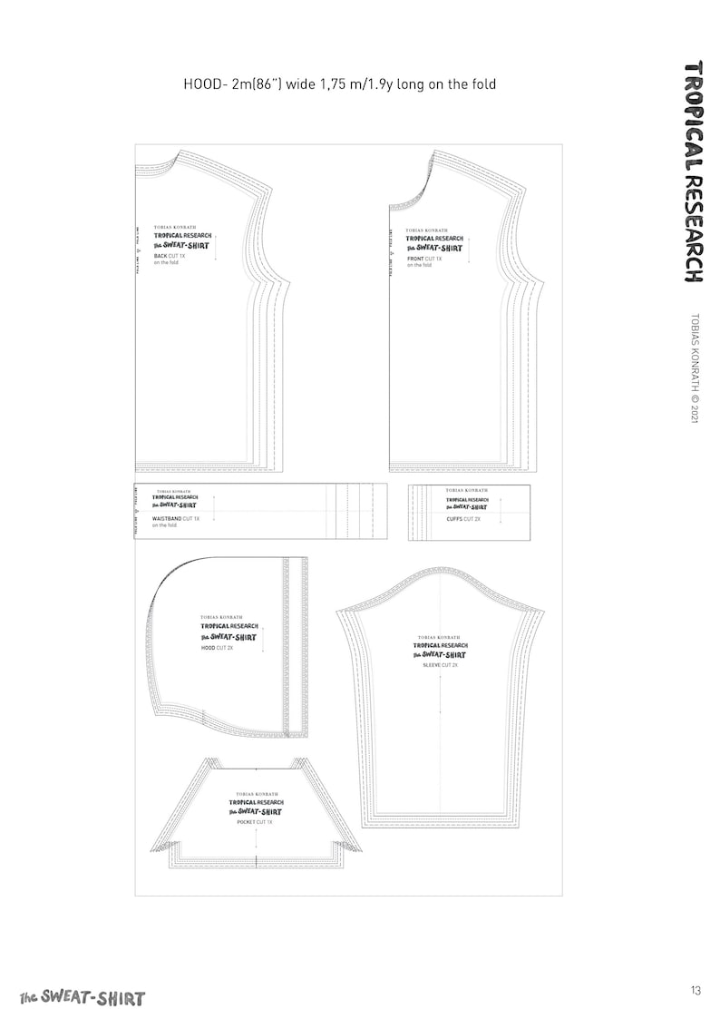 May include: A white paper pattern for a hooded sweatshirt, showing various cut pieces with dotted lines and text labels. The pattern includes measurements of 2m wide and 1.75m long on the fold. The text "TROPICAL RESEARCH" is visible.