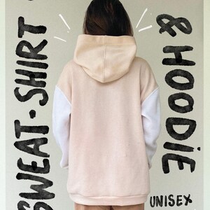 May include: A light pink oversized sweatshirt hoodie with white sleeves. The back view of the hoodie is shown, with the text "SWEAT-SHIRT & HOODIE" and "OVERSIZED" in black. The text "UNISEX XS-XXL" is also visible.