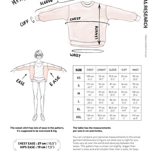 May include: Illustration showing sweatshirt garment measurements in cm and inches. Includes chest, length, sleeve, cuff, and waist dimensions for sizes XS to XXL. The text explains the pattern is designed to be oversized.
