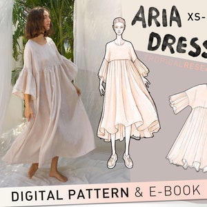 ARIA maxi smock dress - with gathered skirt & sleeves - indie sewing pattern - xs-xxxl plus size