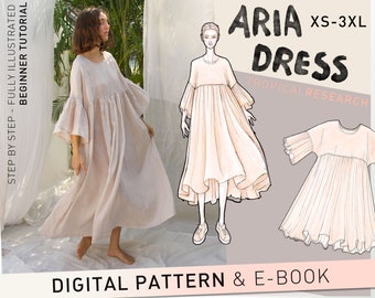 ARIA maxi smock dress - with gathered skirt & sleeves - indie sewing pattern - xs-xxxl plus size