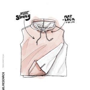 May include: A peach and white sleeveless hoodie illustration. Features include a drawstring, a kangaroo pocket, and the text "INSERT String" and "FLAT - LOCK IF YOU LIKE". The text "TROPICAL RESEARCH" and "The SWEAT-SHIRT" are also visible.
