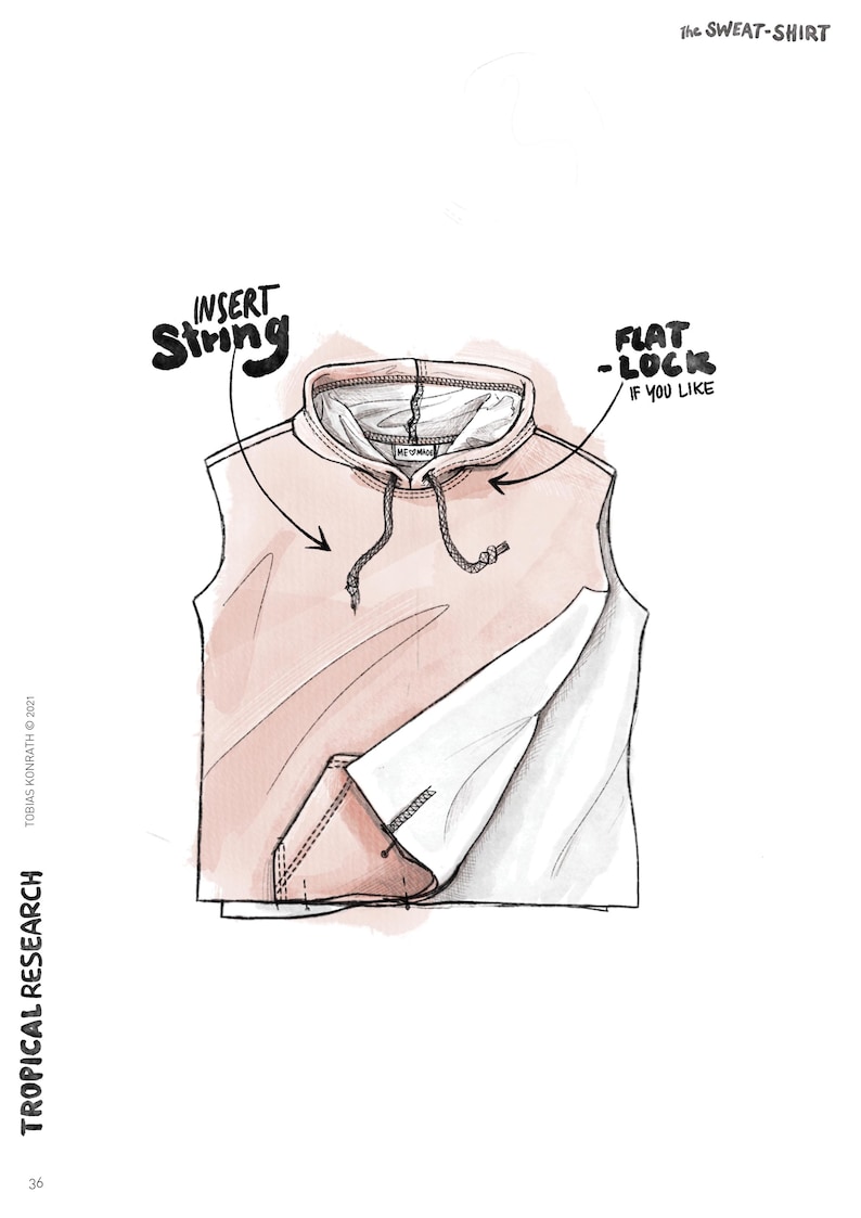 May include: A peach and white sleeveless hoodie illustration. Features include a drawstring, a kangaroo pocket, and the text "INSERT String" and "FLAT - LOCK IF YOU LIKE". The text "TROPICAL RESEARCH" and "The SWEAT-SHIRT" are also visible.