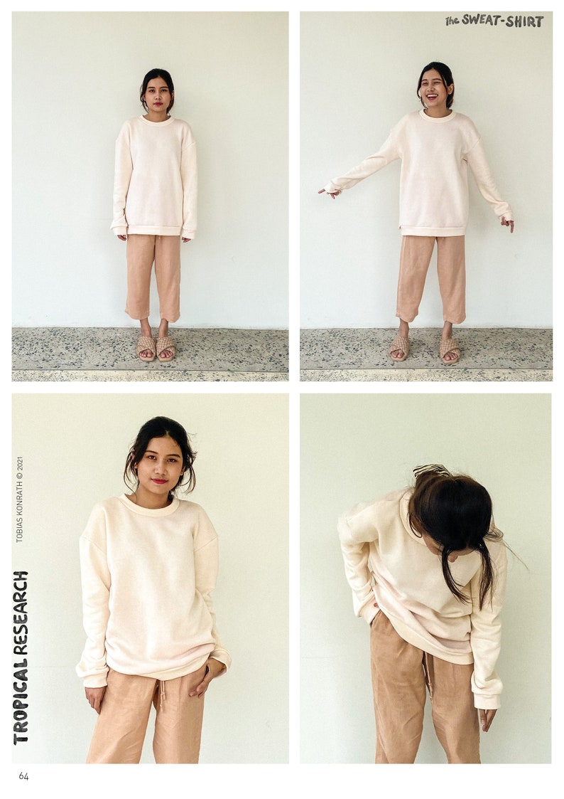 May include: A four-panel image showing a person in a light beige sweatshirt and matching trousers. The sweatshirt has a crew neck and ribbed cuffs. The trousers are cropped. The text "the SWEAT-SHIRT" is at the top.