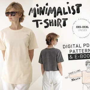 May include: Digital PDF pattern and e-book for a minimalist t-shirt with short or long sleeves. The pattern includes sizes XXS-XXXL and is unisex. The image shows a white t-shirt on a model.