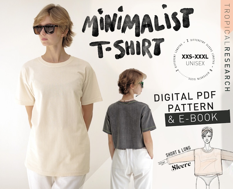 May include: Digital PDF pattern and e-book for a minimalist t-shirt with short or long sleeves. The pattern includes sizes XXS-XXXL and is unisex. The image shows a white t-shirt on a model.