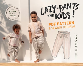 Pantalon paresseux pour enfants - modèle de couture PDF pour jogger en lin avec cordon de serrage - gamme de tailles unisexe UE 92-176 (us 2-16) avec superpositions