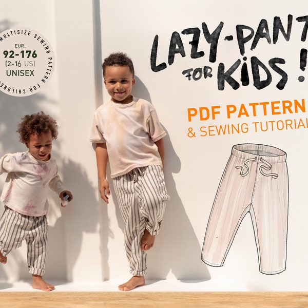 Pantalon paresseux pour enfants - modèle de couture PDF pour jogger en lin avec cordon de serrage - gamme de tailles unisexe UE 92-176 (us 2-16) avec superpositions